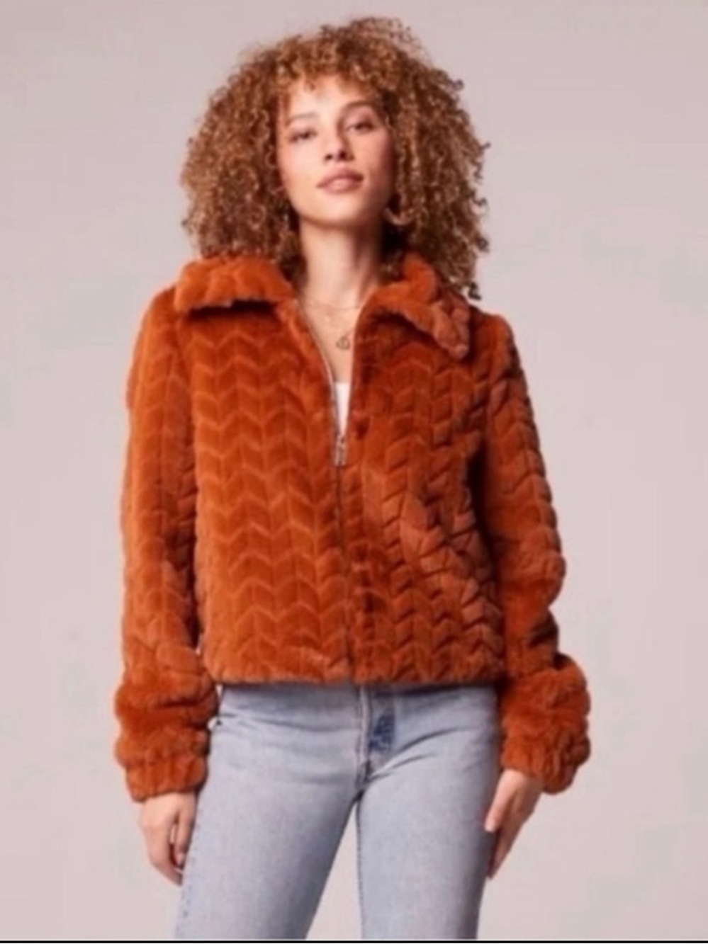 Women's Faux Fur Jacket - Rust